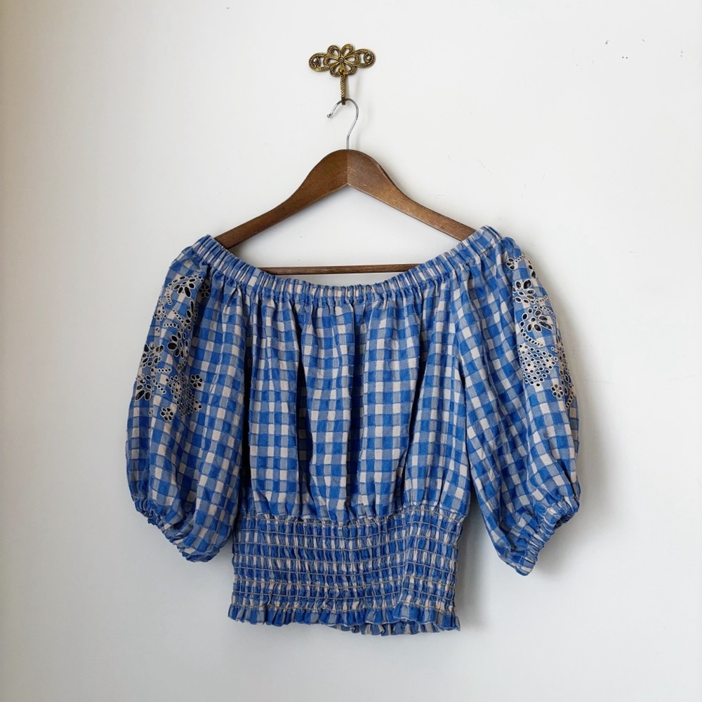 Lenu Blue Gingham Eyelet Off Shoulder Top Small Summer Resortwear